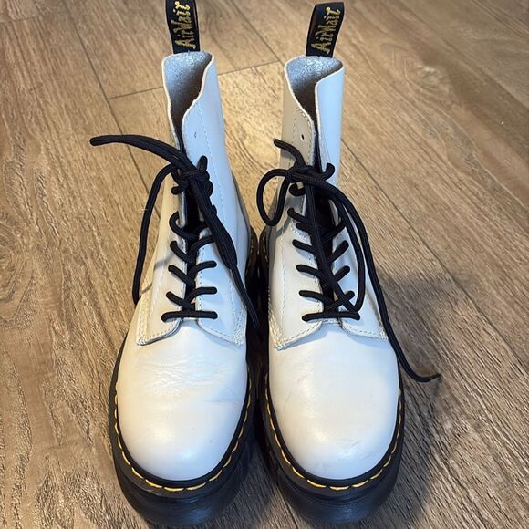 Dr Martens Audrick Nappa Leather Lux Platform Ankle Combat Boot Cobblestone Grey - Picture 2 of 8